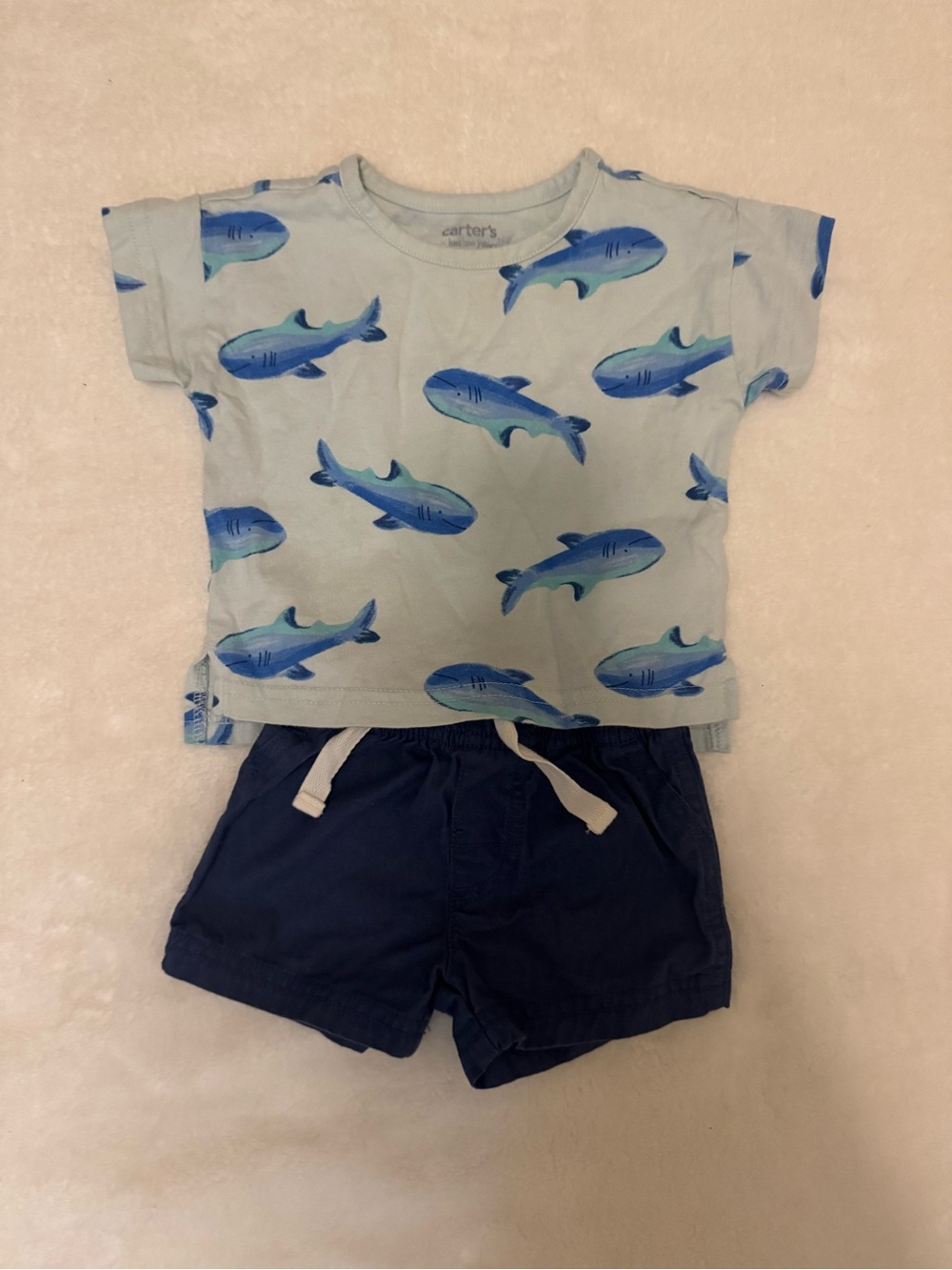 Carter's Light Blue Shark Tee with Navy Shorts Size 3 Months